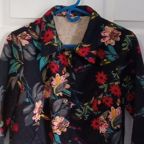 Women's Floral Print Light Jacket Size XL Black Coat w/ Gold Buttons - Picture 9 of 15